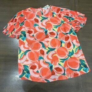 Black Rainn Peach Print Pleated Sleeve Top Size M Spring